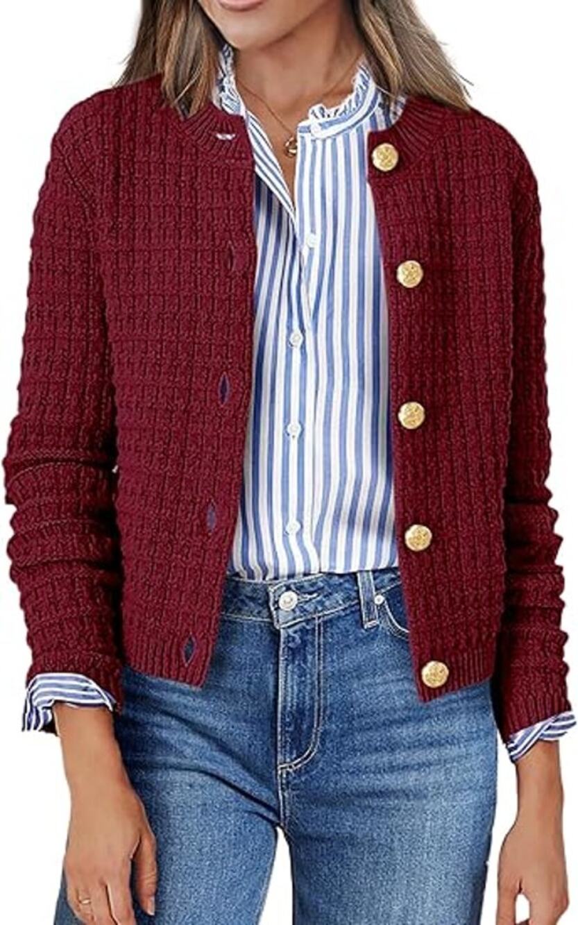 ZEAGOO Garnet Red Textured Waffle Knit Cardigan Sweater Womens L Gold Buttons